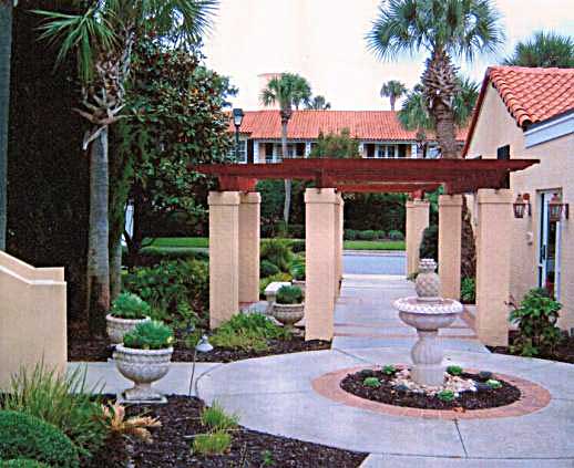 Walk, fountain & shrubbery