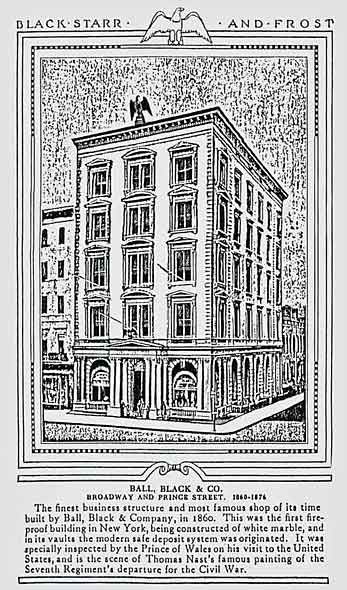 Ball, Black & Co. at Broadway and Prince Street in 1860